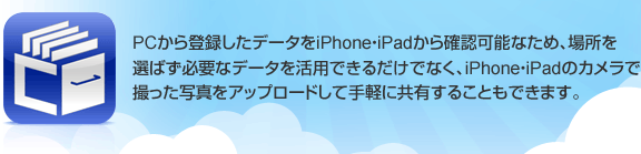 PCから登録したデータをiPhone・iPadから確認可能なため、場所を選ばず必要なデータを活用できるだけでなく、iPhone・iPadのカメラで撮った写真をアップロードして手軽に共有することもできます。