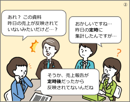 「あれ？ この資料昨日の売上が反映されていないみたいだけど…？」「おかしいですね…昨日の定時に集計したんですが…」「そうか、売上報告が定時後だったから反映されてないんだね」